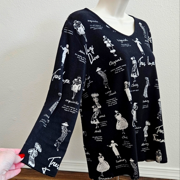 Jess and Jane Black Printed 3/4 Sleeve Shirt - Picture 3 of 7